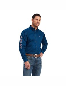 Camisas De Traje Ariat Team Logo Twill Classic Fit Hombre Azul Marino | XUEZ40159