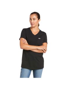 Ropa De Trabajo Ariat Rebar Algodon Strong V-Neck Top Mujer Negras | TSQA83295