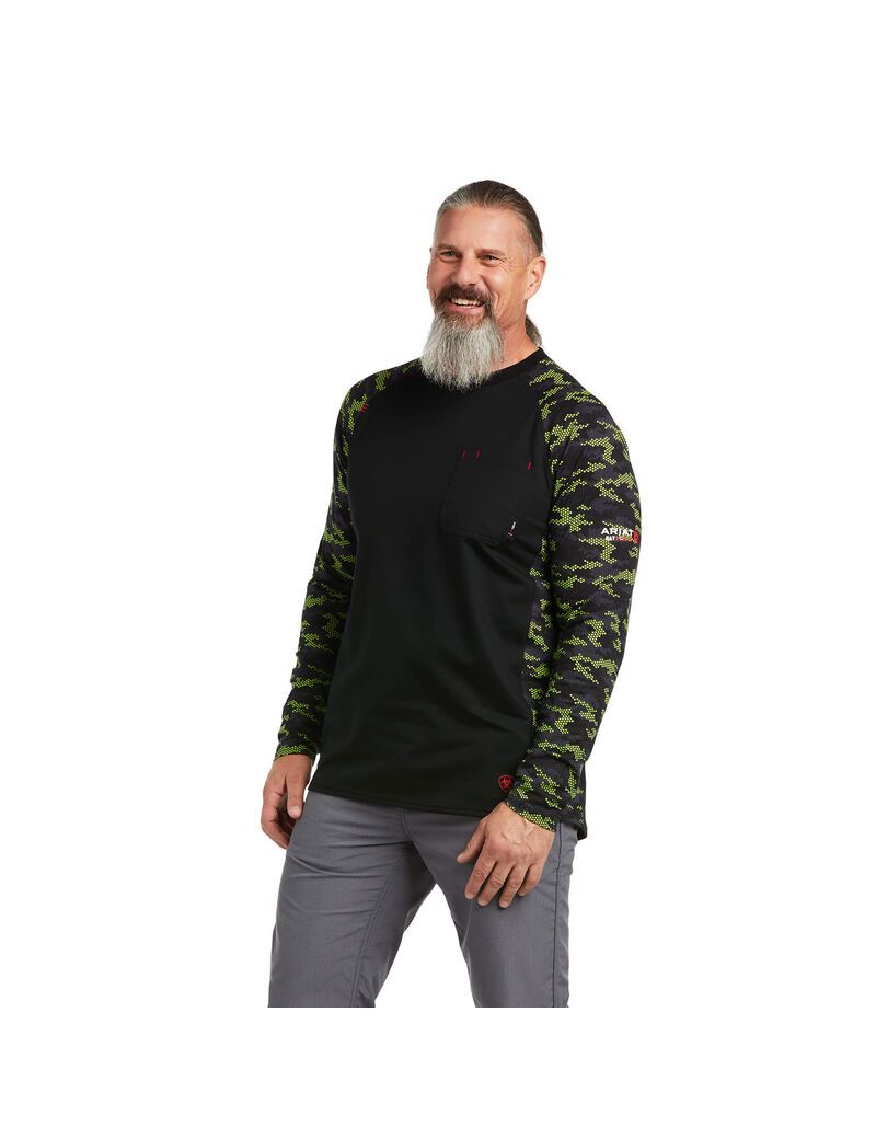 Camisas Ariat FR AC Stretch Camo Baseball Hombre Negras Verde Claro Camuflaje | UNYE92657