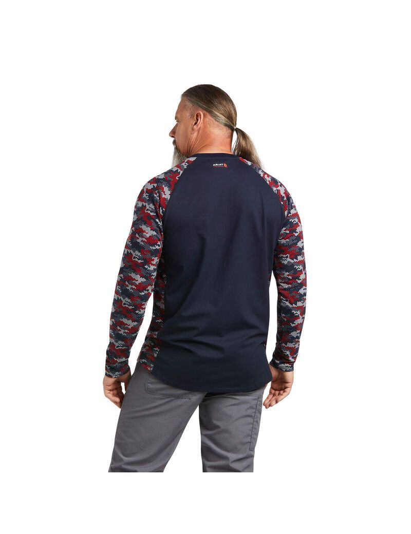 Camisas Ariat FR AC Stretch Camo Baseball Hombre Azul Marino Blancas Rojas Camuflaje | YLTB16540