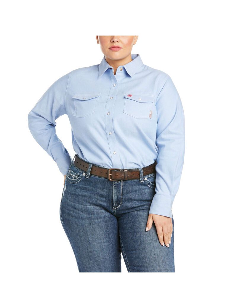 Camisas Ariat FR Solid DuraStretch Snap Trabajo Mujer Azules | KGQX10628