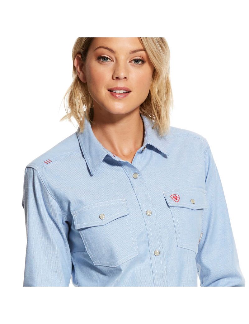 Camisas Ariat FR Solid DuraStretch Snap Trabajo Mujer Azules | KGQX10628