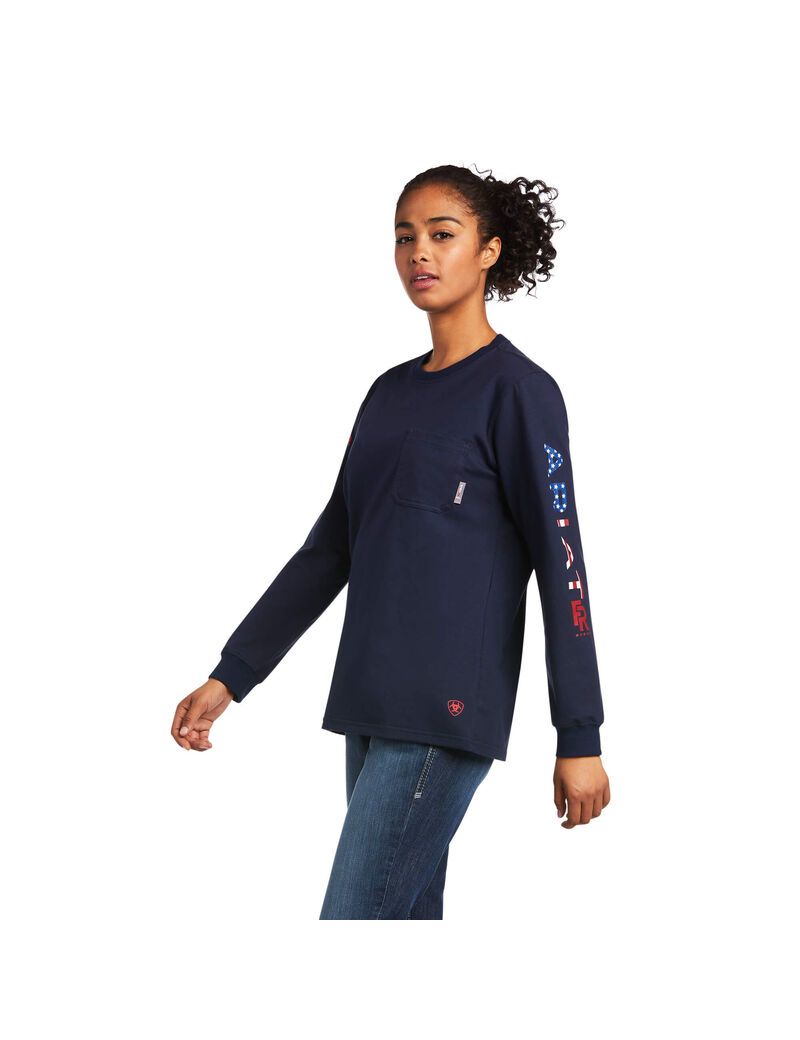 Camisas Ariat FR Stretch Logo Mujer Azul Marino | KEPA69581