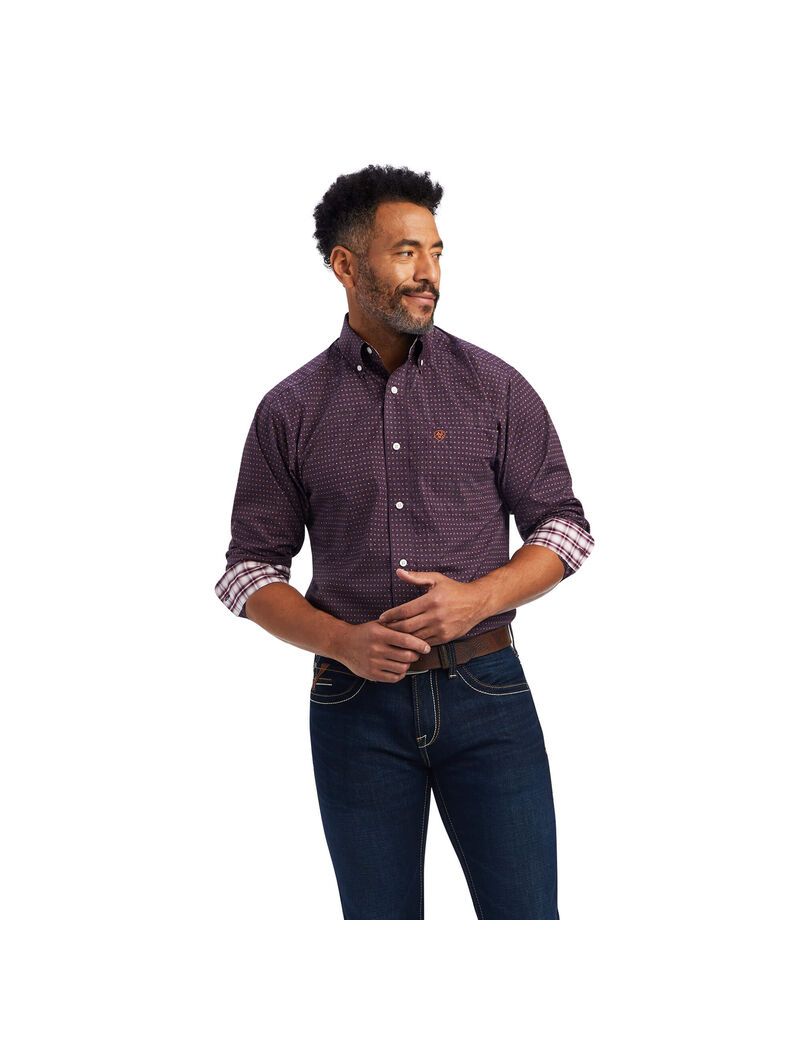 Camisas De Traje Ariat Wrinkle Free Dylen Fitted Hombre Burdeos | SVWL10578