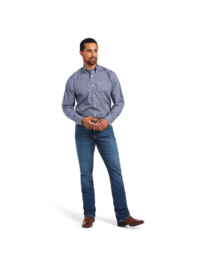 Camisas De Traje Ariat Wrinkle Free Ernest Classic Fit Hombre Azul Marino Azules | UKQR68231