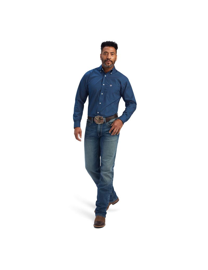 Camisas De Traje Ariat Wrinkle Free Sterling Fitted Hombre Azul Marino | BIHP14536