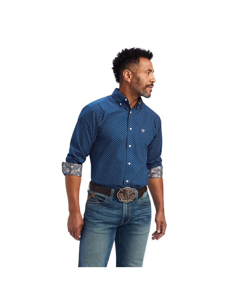 Camisas De Traje Ariat Wrinkle Free Sterling Fitted Hombre Azul Marino | BIHP14536