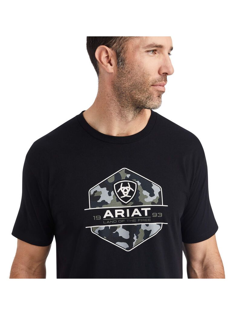 Camiseta Ariat Camo Badge Hombre Negras | UZRO20364