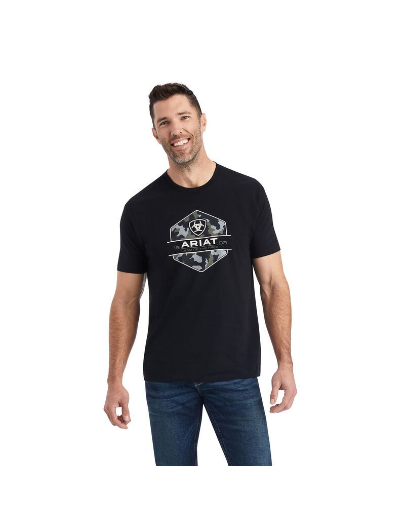 Camiseta Ariat Camo Badge Hombre Negras | UZRO20364