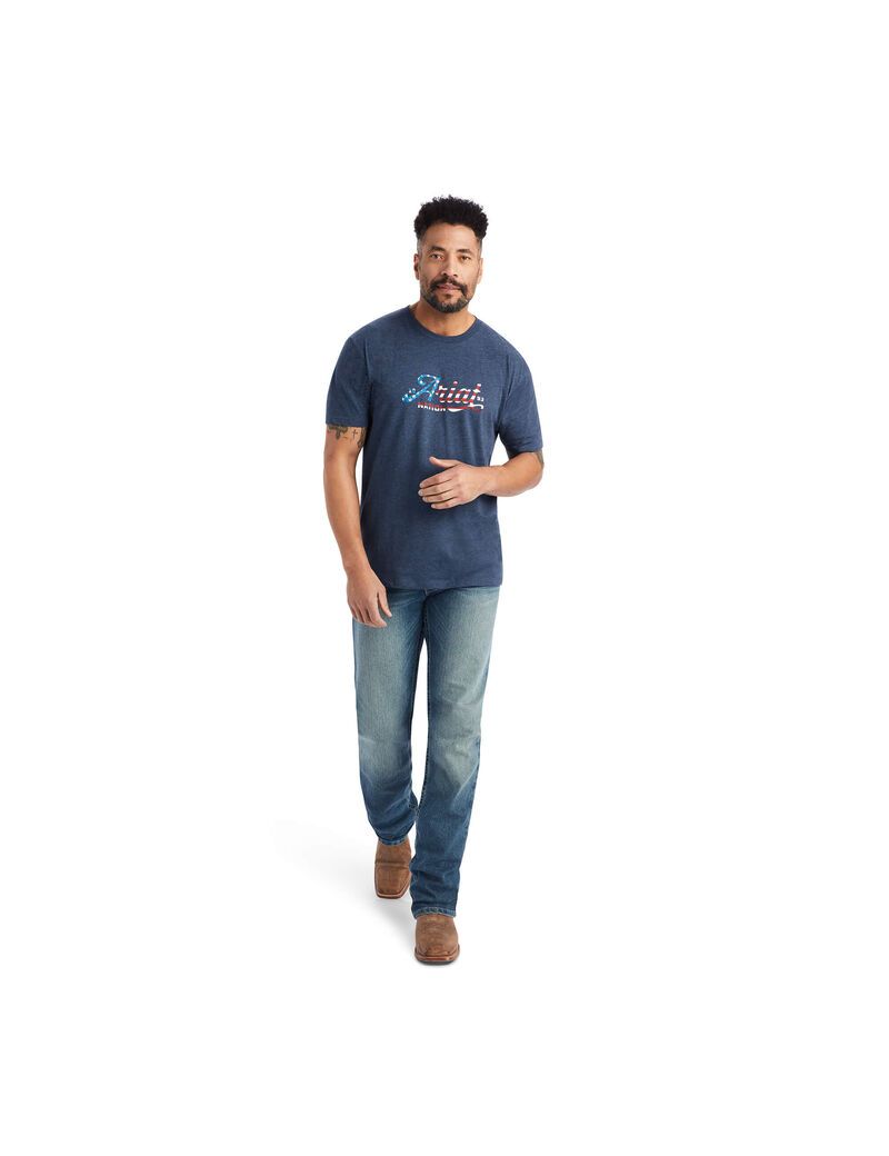 Camiseta Ariat Script Flag Hombre Azul Marino | CXRU21098