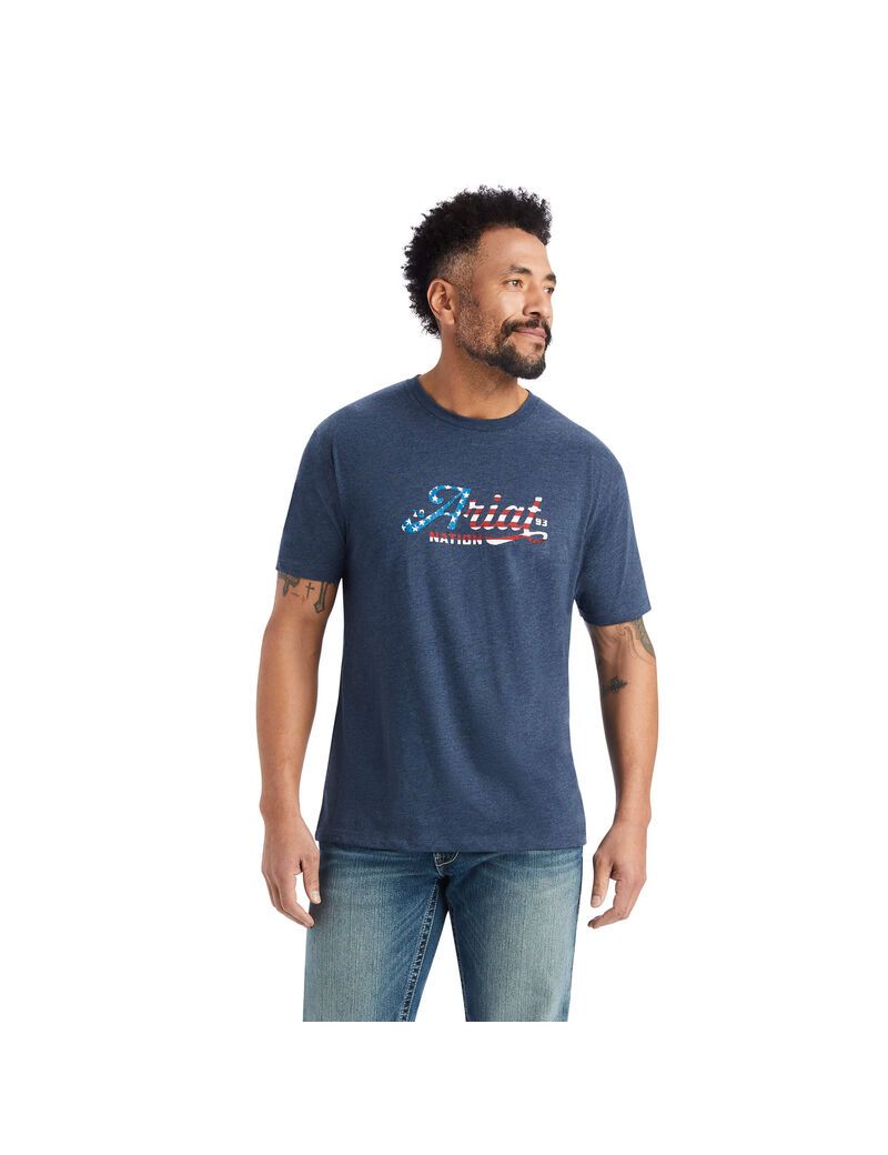 Camiseta Ariat Script Flag Hombre Azul Marino | CXRU21098