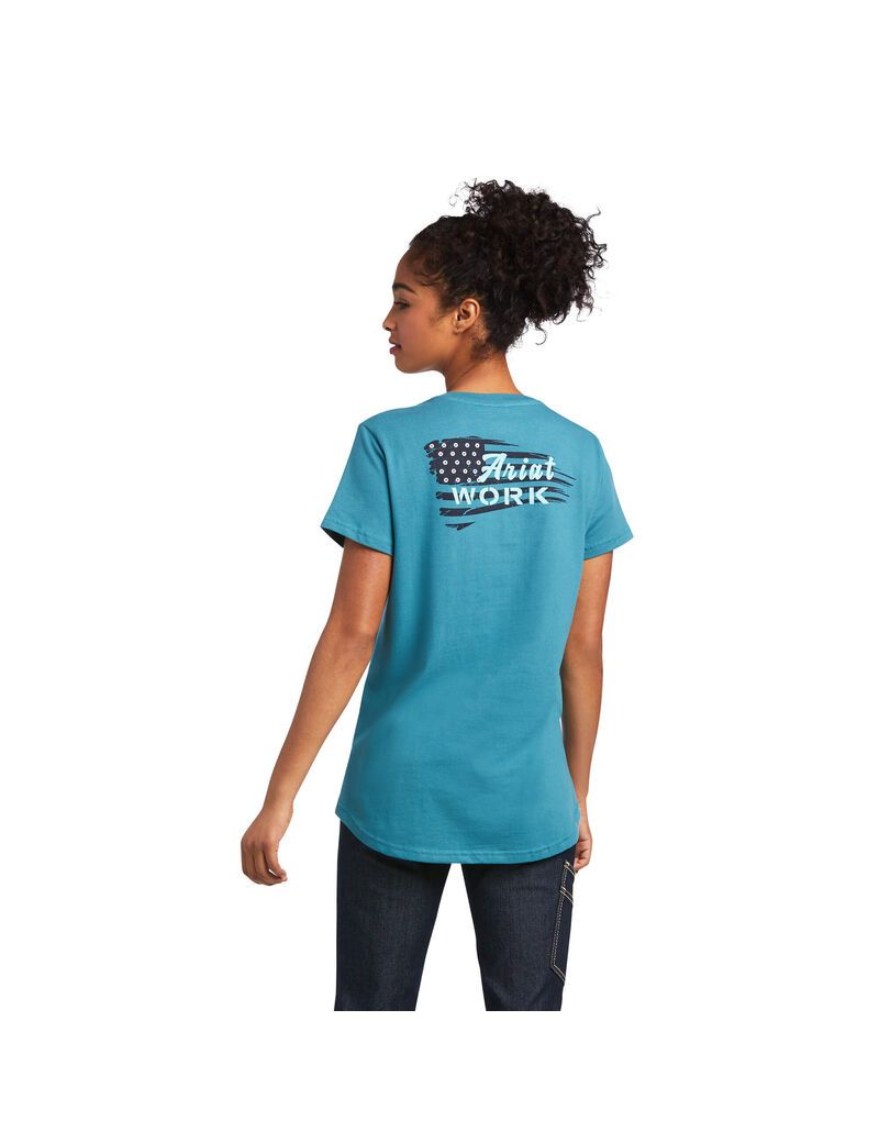 Ropa De Trabajo Ariat Rebar Algodon Strong Flag Estampadas T Shirts Mujer Azules | QHRL24135