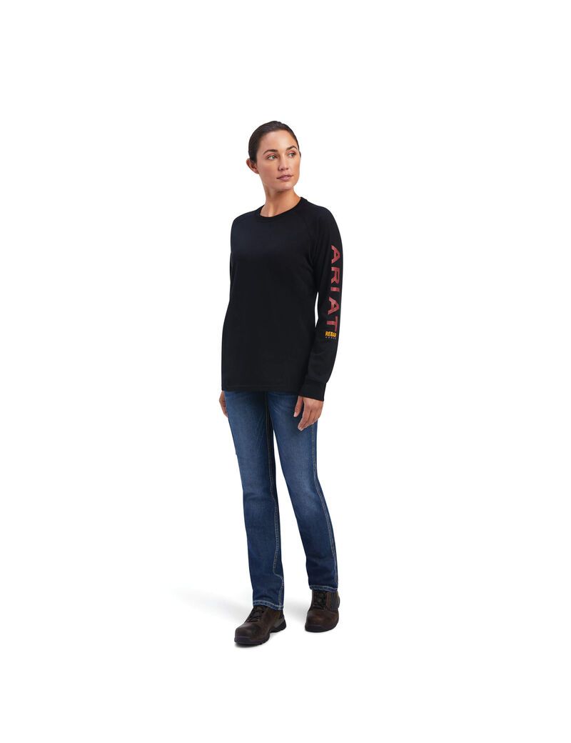 Ropa De Trabajo Ariat Rebar Algodon Strong Logo Estampadas Mujer Negras | QPYA06157