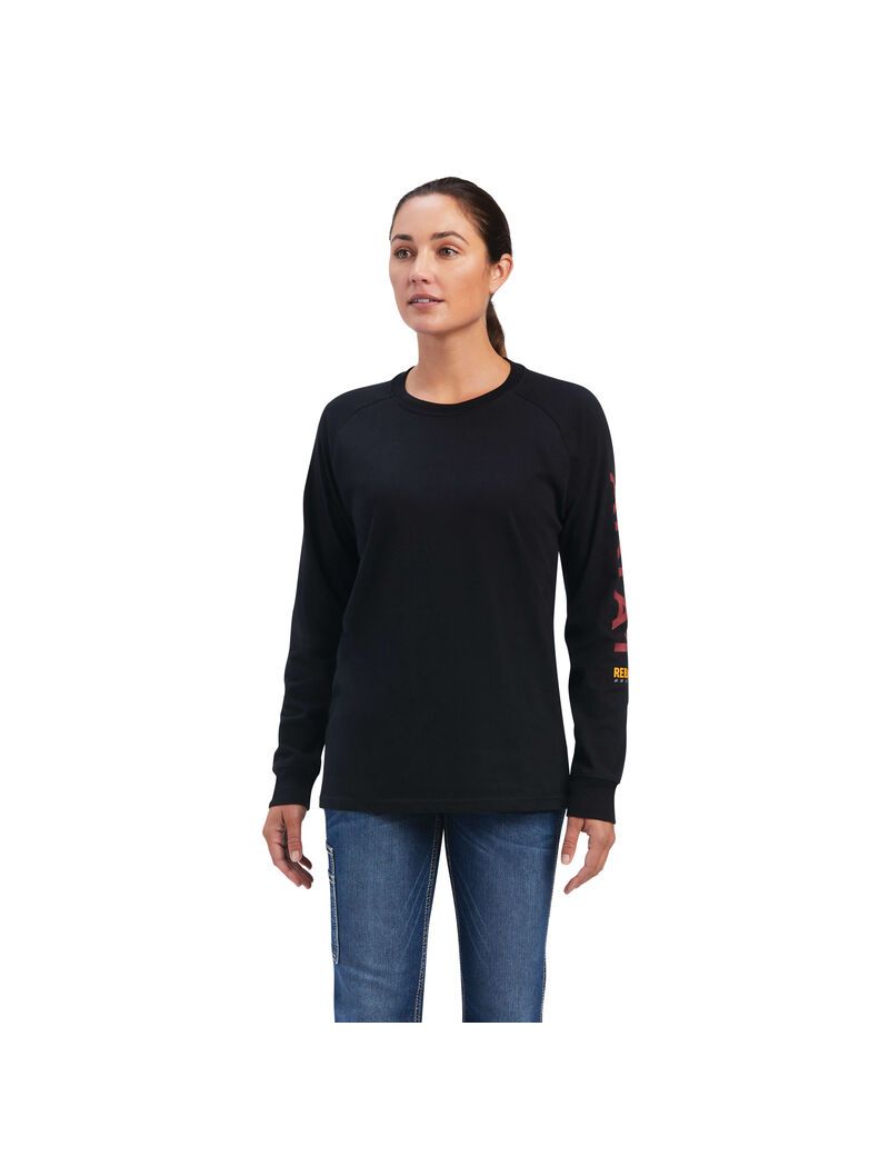 Ropa De Trabajo Ariat Rebar Algodon Strong Logo Estampadas Mujer Negras | QPYA06157