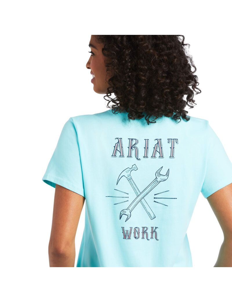 Ropa De Trabajo Ariat Rebar Algodon Strong Wrench Estampadas T Shirts Mujer Turquesa Claro Azules | WLKG62145