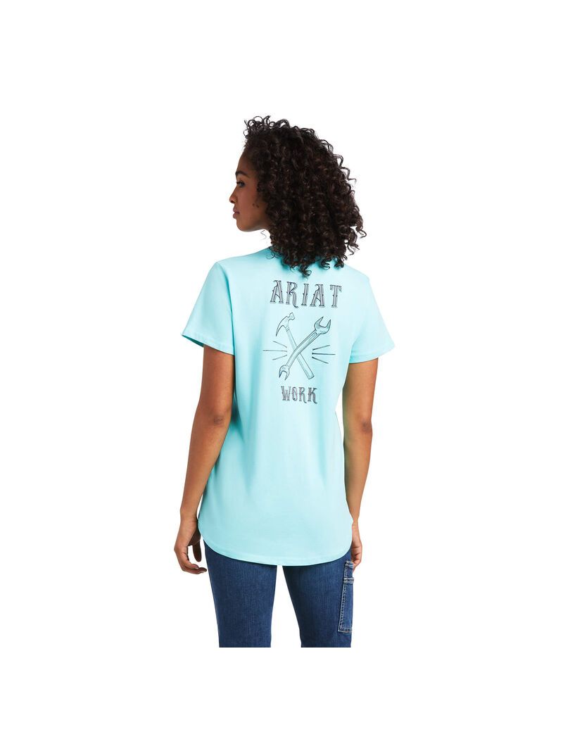 Ropa De Trabajo Ariat Rebar Algodon Strong Wrench Estampadas T Shirts Mujer Turquesa Claro Azules | WLKG62145