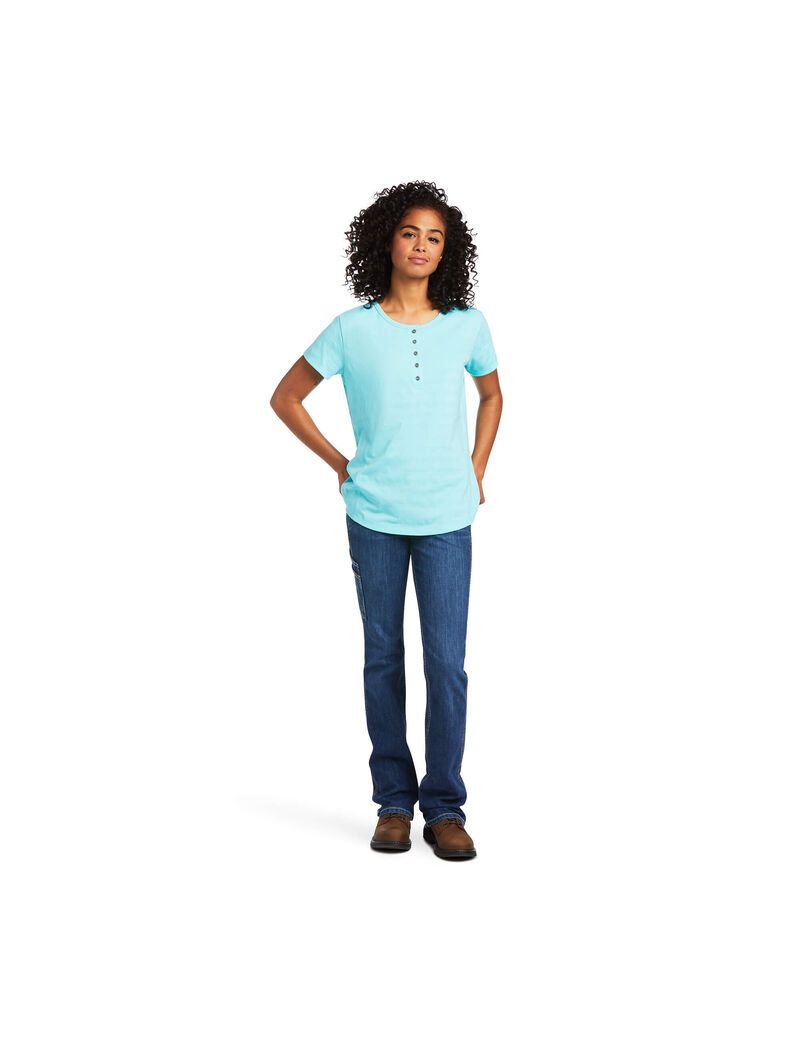 Ropa De Trabajo Ariat Rebar Henley T Shirts Mujer Turquesa Claro Azules | BZKX96713