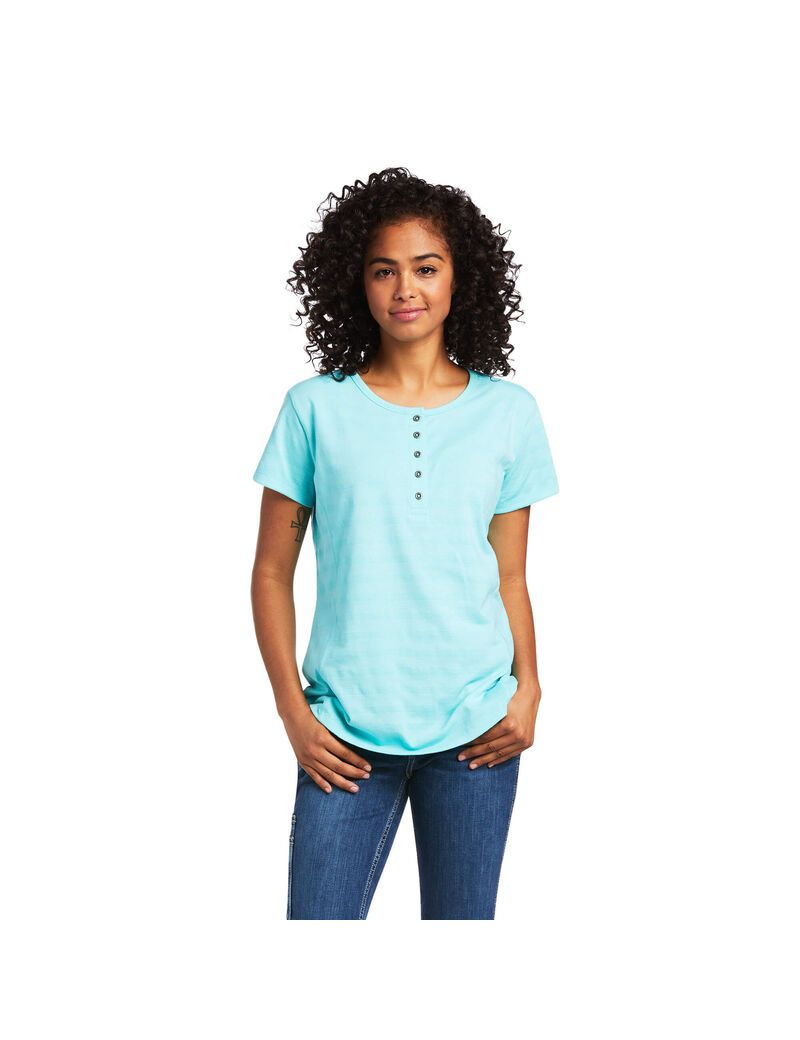 Ropa De Trabajo Ariat Rebar Henley T Shirts Mujer Turquesa Claro Azules | BZKX96713