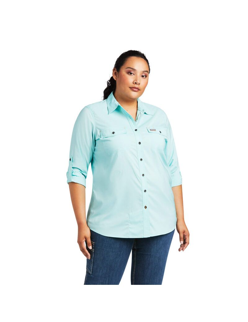 Ropa De Trabajo Ariat Rebar Made Tough VentTEK DuraStretch Trabajo Shirts Mujer Turquesa Claro Azules | ZRXM12059