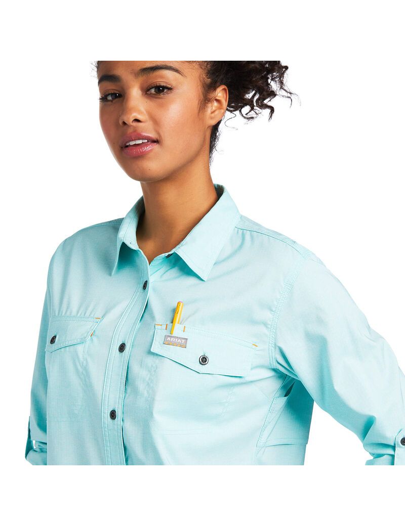 Ropa De Trabajo Ariat Rebar Made Tough VentTEK DuraStretch Trabajo Shirts Mujer Turquesa Claro Azules | ZRXM12059