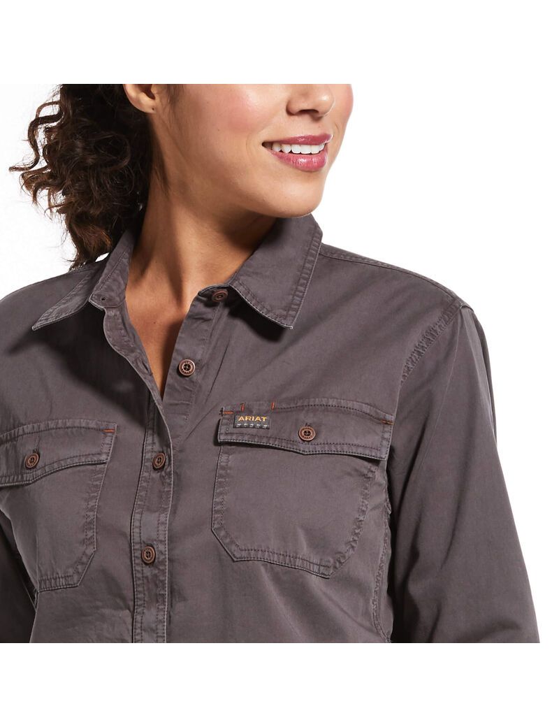 Ropa De Trabajo Ariat Rebar Washed Twill Trabajo Shirts Mujer Gris | OYDW65813