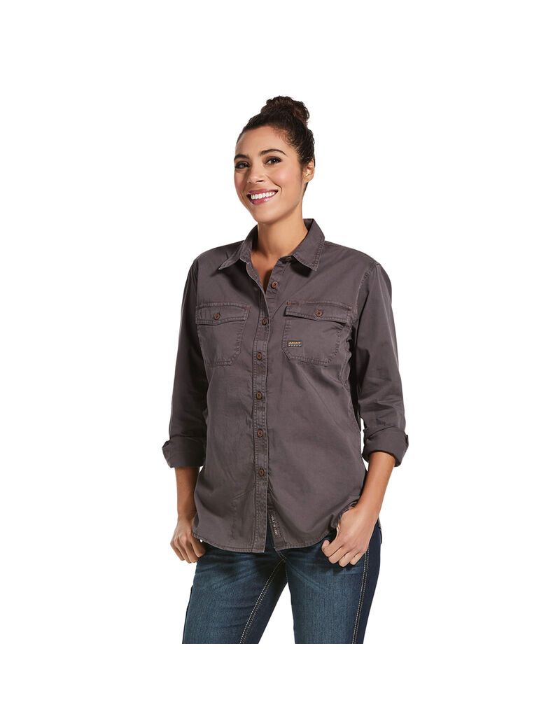 Ropa De Trabajo Ariat Rebar Washed Twill Trabajo Shirts Mujer Gris | OYDW65813