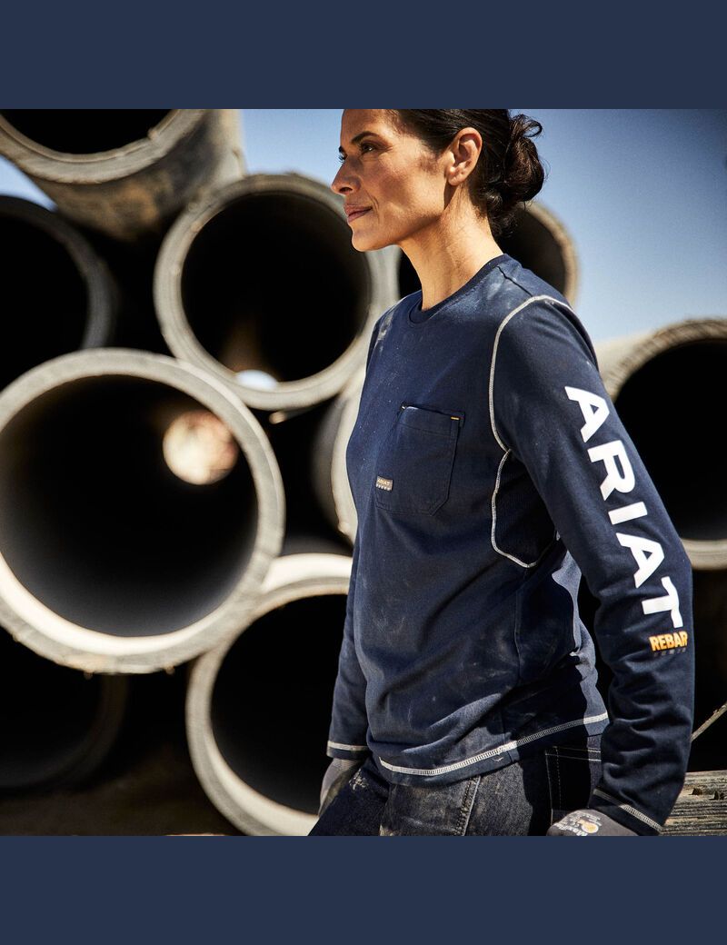 Ropa De Trabajo Ariat Rebar Workman Logo T Shirts Mujer Azul Marino | EMCZ76934