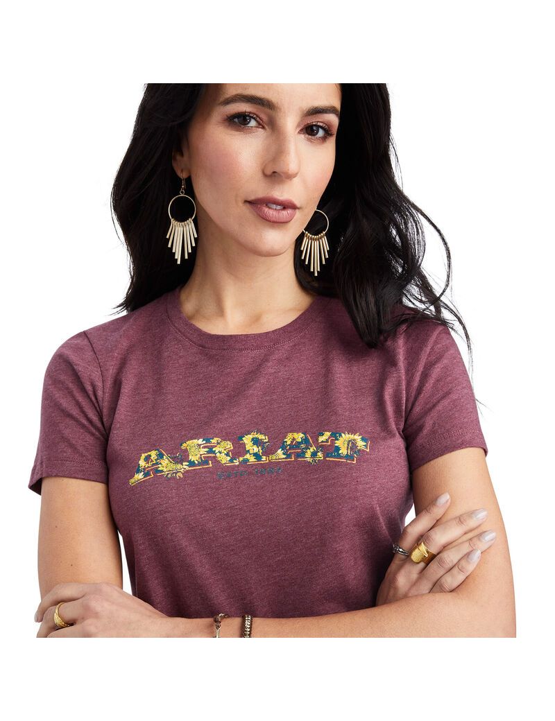 Tops Ariat Floral Letras Tee Mujer Burdeos | LBRG35429