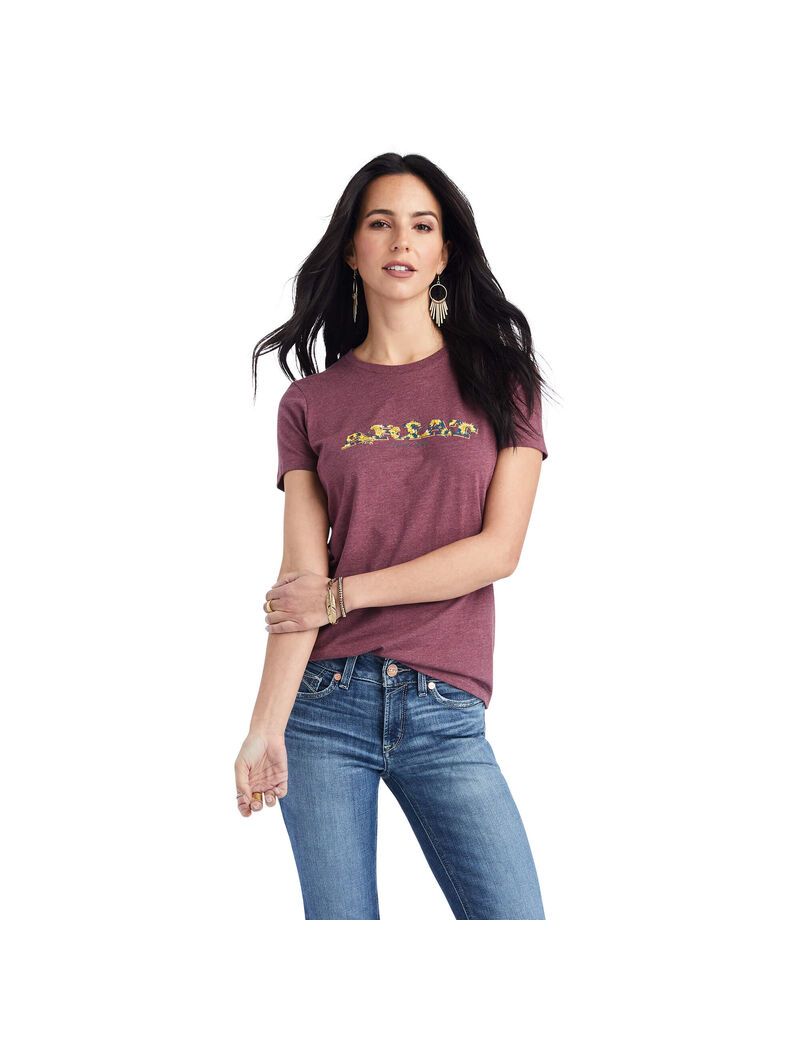 Tops Ariat Floral Letras Tee Mujer Burdeos | LBRG35429