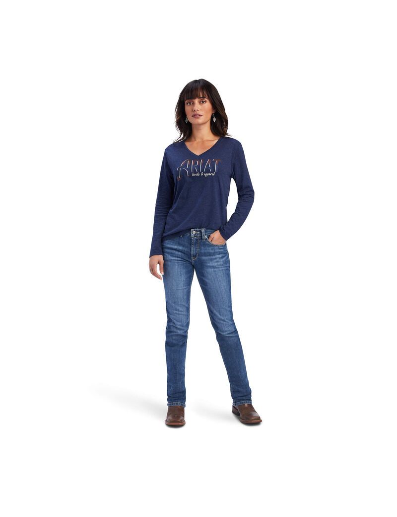 Tops Ariat REAL Chest Logo Relaxed Tee Mujer Azul Marino | GMBC16283