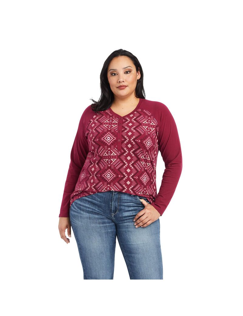 Tops Ariat REAL Printed Henley Mujer Multicolor Rojas | DBRS73921