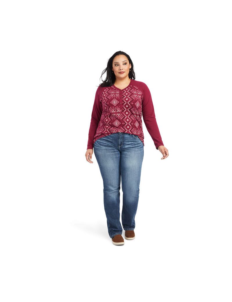 Tops Ariat REAL Printed Henley Mujer Multicolor Rojas | DBRS73921