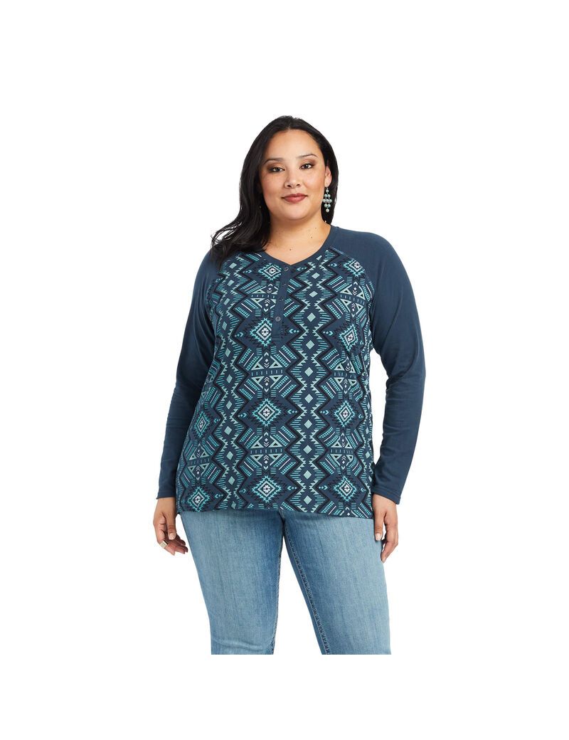 Tops Ariat REAL Printed Henley Mujer Multicolor Azul Marino | YWFD21973