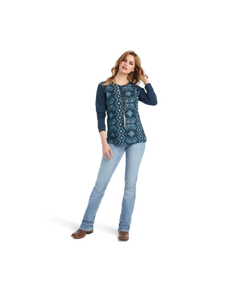 Tops Ariat REAL Printed Henley Mujer Multicolor Azul Marino | YWFD21973